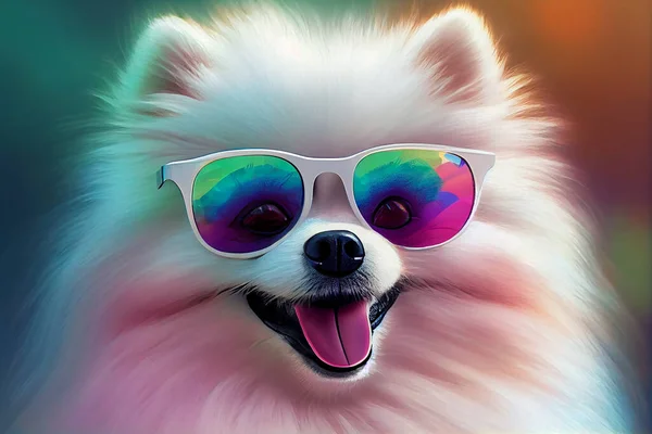White pomeranian wearing sunglasses smiling. pastel tones.