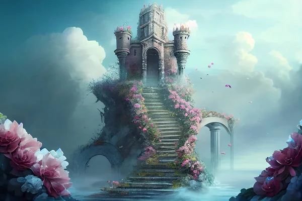 Crystal staircase in clouds leads to castle.