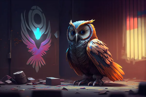 Owl character in big city.