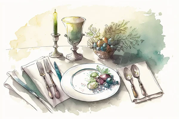 Table setting drawing with bit of watercolour.