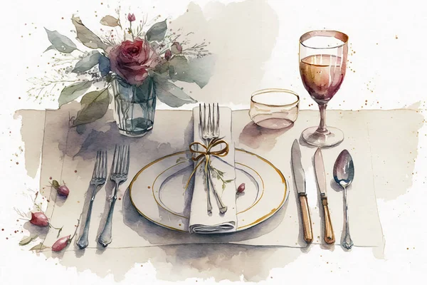 Table setting drawing with bit of watercolour.