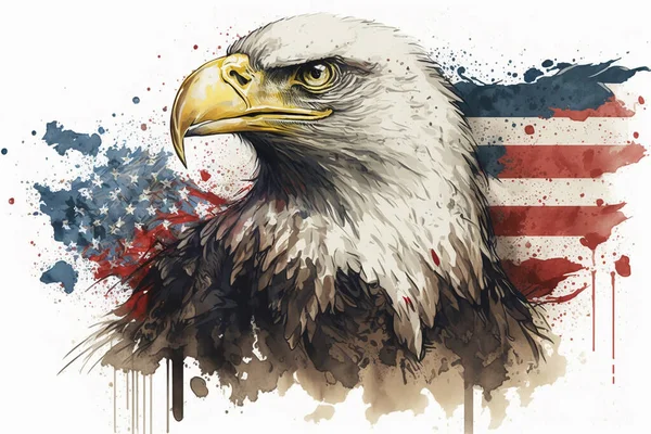 Eagle on background of american flag drawing with bit of watercolour.
