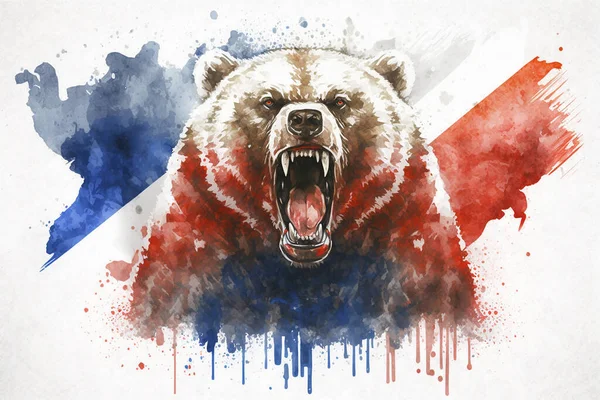 Angry growling bear on background of Russian flag drawing with bit of watercolour.