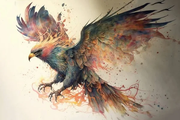 Phoenix comes out of fire drawing with bit of watercolour.