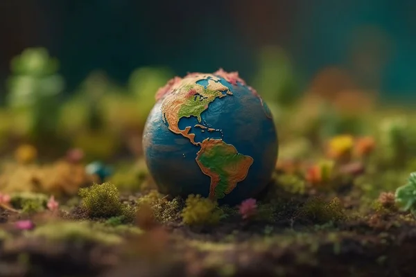 Miniature Earth planet globe mini sphere, globe continents map natural landscape, energy conservation, global world industry, business globalization concept. Earth Day environmental ecology 3D render