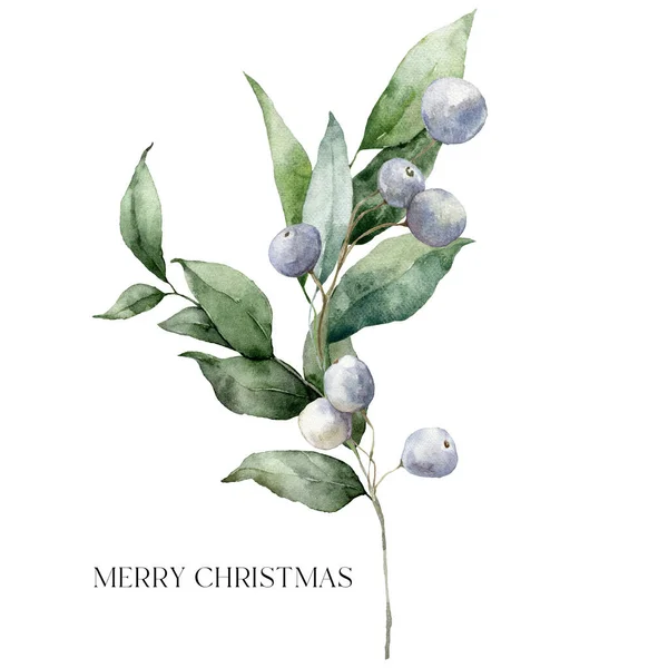 Watercolor Christmas Card White Berries Leaves Branches Hand Painted Winter — Stock Photo, Image
