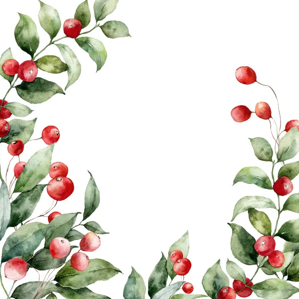 Akwarela Kartka Świąteczna Czerwonymi Jagodami Liśćmi Gałęziami Ręcznie Malowane Rośliny — Zdjęcie stockowe
