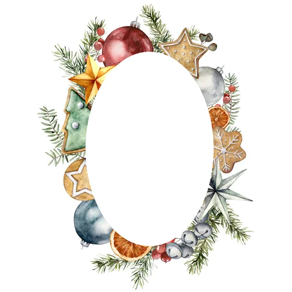 おもちゃ クッキー モミの枝や鐘の水彩クリスマス楕円形のフレーム 手は白の背景に隔離された新年の装飾を描いた デザイン 生地や背景のための休日のイラスト — ストック写真