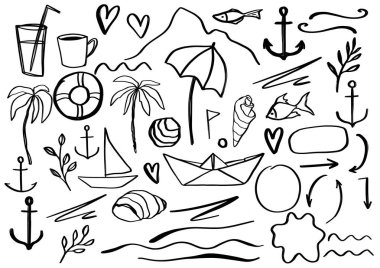 Vektör doğrusal plaj aksesuarları. El yapımı yaz eşyaları: şemsiye, tekne, bardak ve çapa. Resimler beyaz arkaplanda izole edildi. Tasarım, baskı, iç veya arka plan için