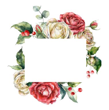 Gül, tomurcuk, böğürtlen ve yapraklardan oluşan suluboya bir Noel çerçevesi. Beyaz arka planda el yapımı çiçek ve bitkilerin tatil unsurları. Tasarım, baskı, arkaplan
