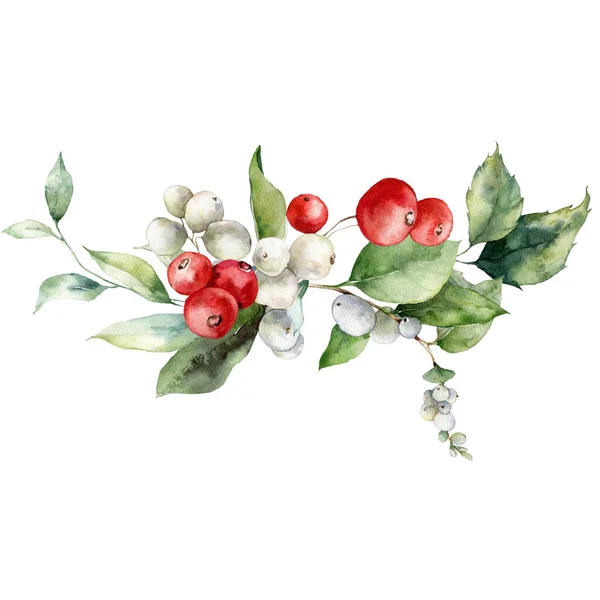Acuarela Ramo Navidad Bayas Rojas Blancas Hojas Composición Festiva Pintada —  Fotos de Stock
