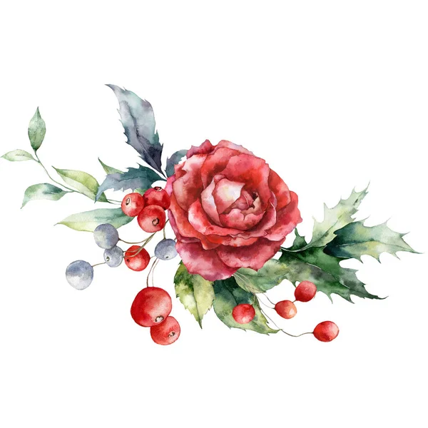 赤いバラ 果実と葉の水彩クリスマス花束 白い背景に隔離された花や植物の手描きの休日の組成 デザイン 背景のためのイラスト — ストック写真