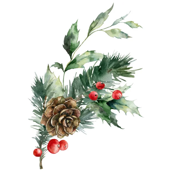 水彩画圣诞花束松果 红色浆果和枝叶 手工画的假日构图 用白色背景隔离的植物 背景说明 — 图库照片