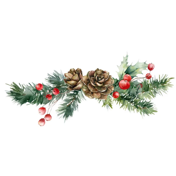 水の色松のコーン 赤い果実 枝や葉のクリスマス花束 白い背景に隔離された植物の手描きの休日の組成 デザイン 背景のためのイラスト — ストック写真