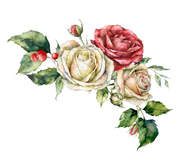 水彩白と赤のバラ 果実と葉のクリスマス花束 白い背景に孤立した花や植物の手描きの組成物 デザイン 背景のためのイラスト — ストック写真