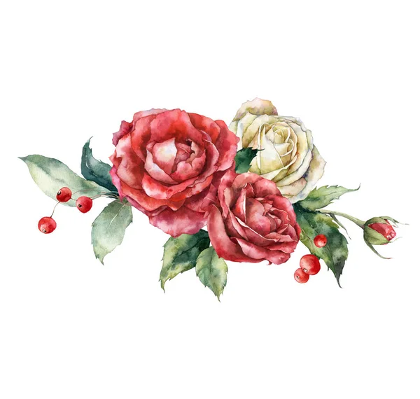 水彩赤と白のバラ 果実と葉のクリスマス花束 白い背景に孤立した花や植物の手描きの組成物 デザイン 背景のためのイラスト — ストック写真