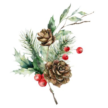 Watercolor Christmas bouquet of branches with leaves, pine cone and red berries. Hand painted holiday composition of plants isolated on white background. Illustration for design, print, background clipart