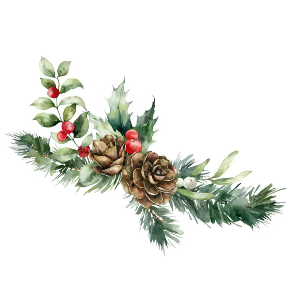 Aquarell Weihnachtsstrauß Aus Tannenzapfen Stechpalme Roten Beeren Zweigen Und Blättern — Stockfoto