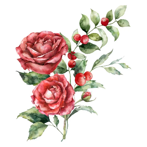 수채화 크리스마스 꽃다발붉은 배경에 식물의 구성을 그렸다 인쇄물 — 스톡 사진