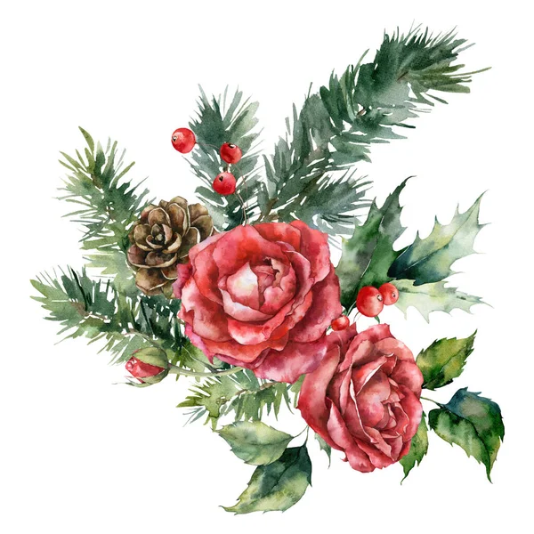 Акварельний Різдвяний Букет Троянд Голлі Соснової Гілки Ягід Листя Ручна — стокове фото