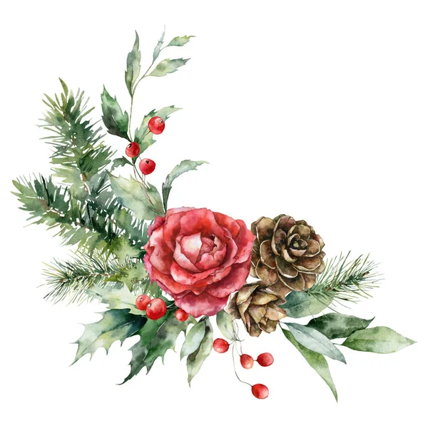 Akwarela Świąteczny Bukiet Róża Ostrokrzew Jagoda Sosnowy Gałąź Liść Ręcznie — Zdjęcie stockowe