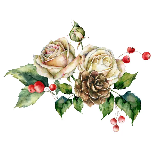 水の色バラ 松のコーン 果実や葉のクリスマスの垂直フレーム 白い背景に隔離された花や植物の手描きの休日カード デザイン プリント 背景のイラスト — ストック写真