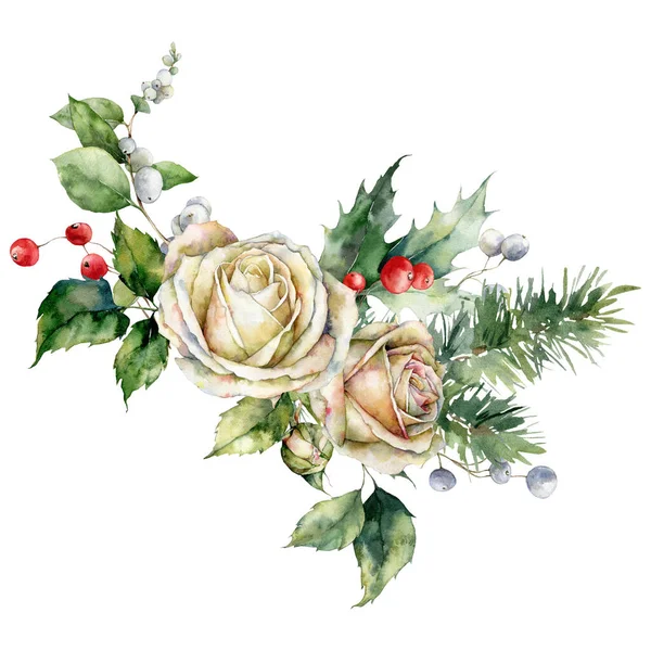 Akvarel Vánoční Kytice Růží Jedlových Větví Bobulí Listí Ručně Malované — Stock fotografie