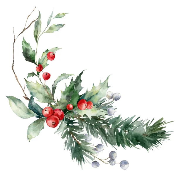 Watercolor Christmas Bouquet Red Berries Pine Branch Leaves Hand Painted — Stock Photo, Image