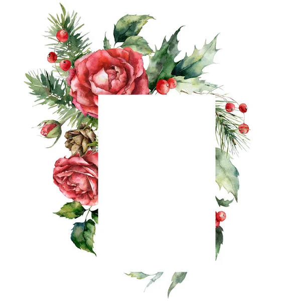 水彩缤纷的玫瑰 浆果和树叶的圣诞框架 手绘节日卡片 上面有白色背景的花卉和植物 背景说明 — 图库照片