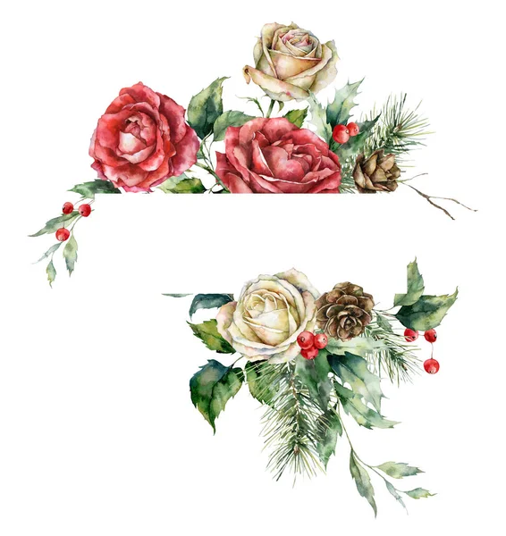 水の色バラ ホリー 松の枝 果実と葉のクリスマスの水平フレーム 白い背景に隔離された植物の手描きの休日カード デザイン 背景のためのイラスト — ストック写真