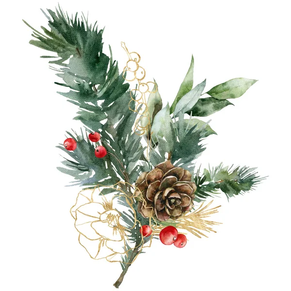 水彩缤纷的圣诞金花 红浆果和枝条 手工画的假日构图 用白色背景隔离的植物 印刷或背景说明 — 图库照片