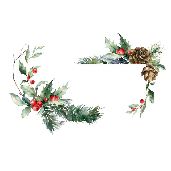 水の色赤い果実 松のコーン 乾燥した枝と葉のクリスマスの水平フレーム 白い背景に隔離された植物の手描きの休日カード デザイン プリント 背景のイラスト — ストック写真