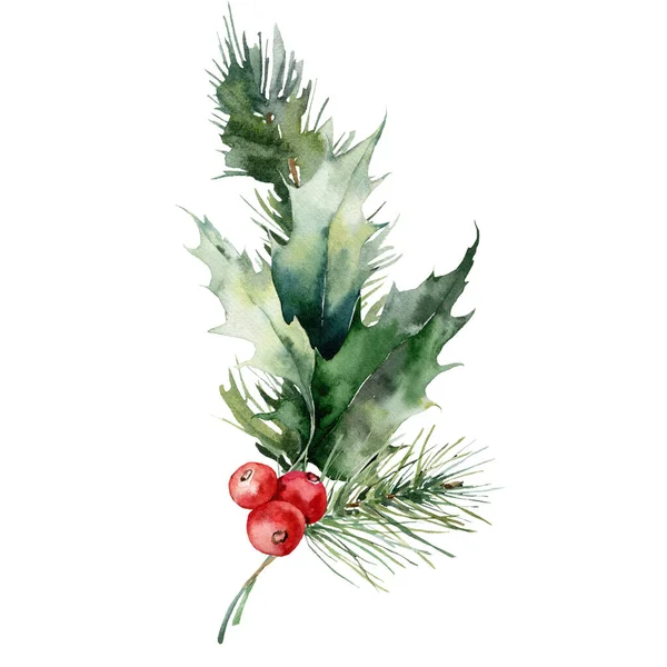 松の枝 赤い果実と葉の水彩クリスマス花束 白い背景に隔離された植物の手描きの休日の組成 デザイン プリント ファブリックまたは背景のためのイラスト — ストック写真
