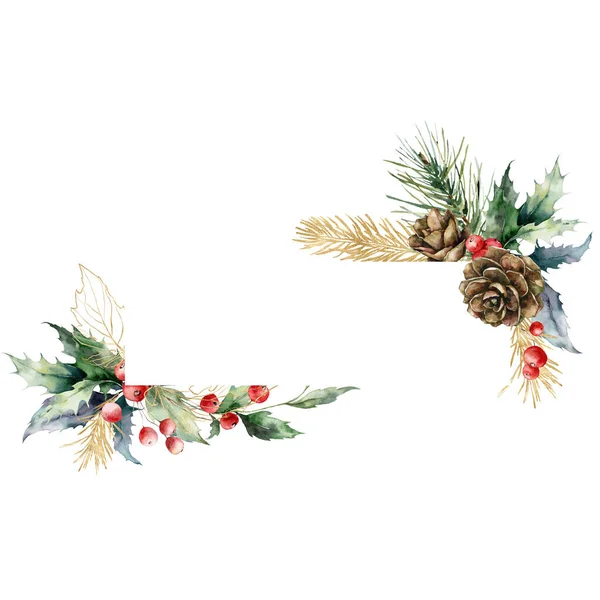 Watercolor Christmas Horizontal Frame Berries Pine Cone Gold Leaves Hand — Stock Photo, Image