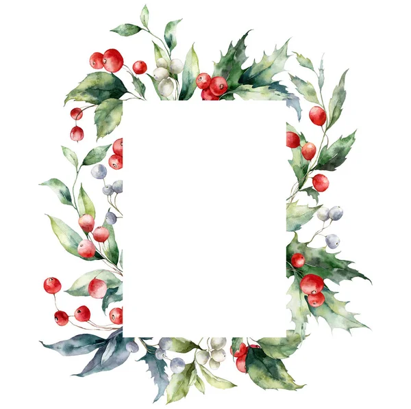 Watercolor Christmas Vertical Frame Red Berries Holly Leaves Hand Painted — Stock Photo, Image
