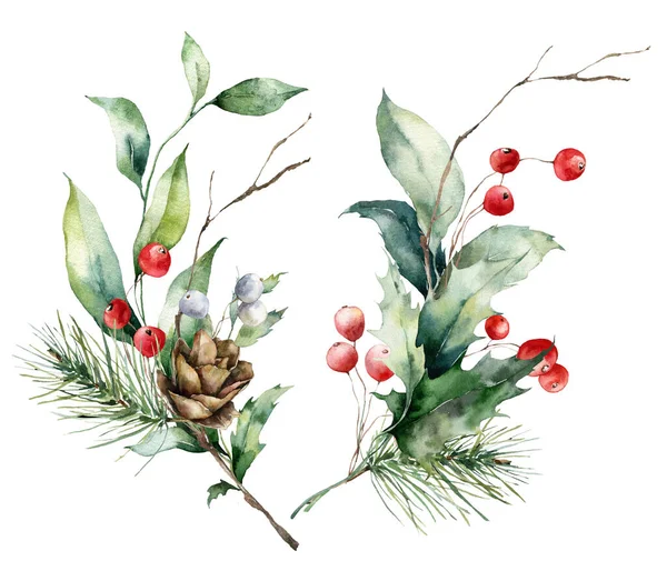 Akvarel Vánoční Sada Kytic Větví Listí Šišky Červené Bobule Ručně — Stock fotografie