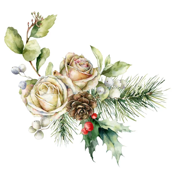 Akvarel Vánoční Kytice Růží Jedlové Větve Cesmína Listy Ručně Malované — Stock fotografie