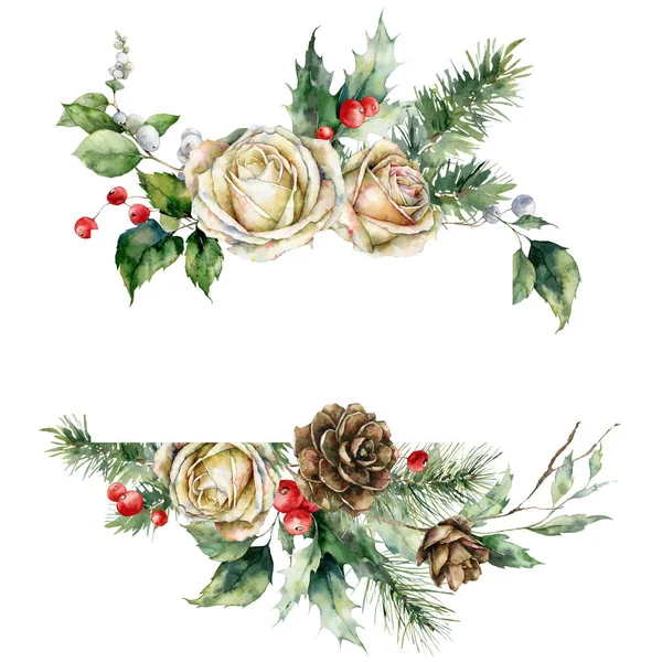 白いバラ ホリー 松の枝と葉の水彩クリスマスの水平フレーム 白い背景に隔離された植物の手描きの休日カード デザイン 背景のためのイラスト — ストック写真
