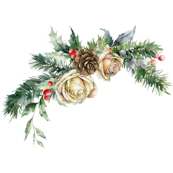 白いバラ モミの枝 ホリーと葉の水彩クリスマスの花束 白い背景に隔離された花や植物の手描きの休日カード デザイン プリント 背景のイラスト — ストック写真