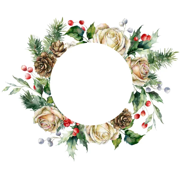 水の色バラ ベリー 松の実と葉のクリスマスラウンドフレーム 白い背景に隔離された花や植物の手描きの休日カード デザイン プリント 背景のイラスト — ストック写真