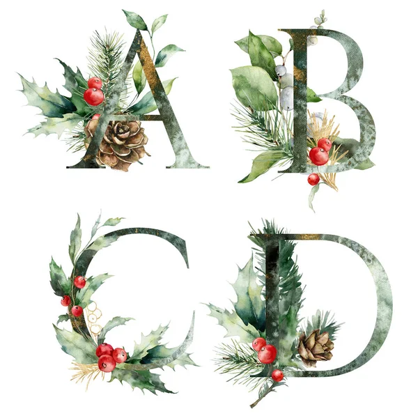 Watercolor Frolal Letters Set Plants Hand Painted Alphabet Symbols Branches — Stock Photo, Image