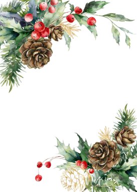 Meyvelerden, altın kozalaklardan ve yapraklardan oluşan suluboya Noel kenarı. Beyaz arka planda izole edilmiş bitkilerin el yapımı tatil kartı. Tasarım, baskı, kumaş veya arkaplan çizimi