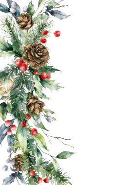 Çam kozalakları, gül, böğürtlen ve yapraklardan oluşan suluboya Noel kenarı. Beyaz arka planda izole edilmiş çiçek ve bitkilerden oluşan el yapımı tatil kartı. Tasarım, baskı, arkaplan