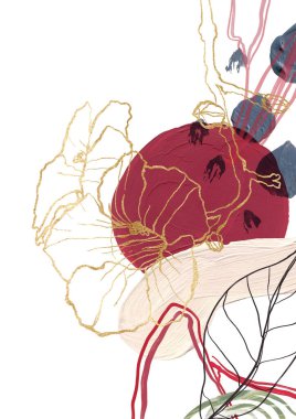 Lineer altın çiçeğin suluboya Noel posteri, bej ve mor noktalar. Beyaz arka planda izole edilmiş elle boyanmış bitkilerin kartı. Tasarım, baskı ve arkaplan için botanik illüstrasyon