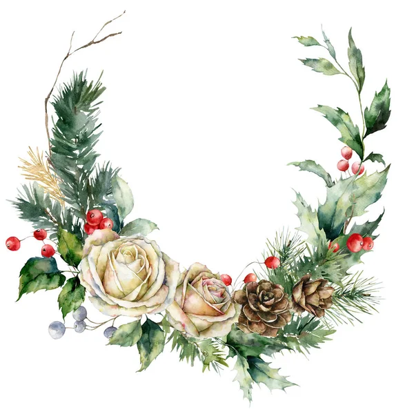 Watercolor Christmas wreath of white rose, berries, pine cones and leaves. Hand painted holiday card of flowers and plants isolated on white background. Illustration for design, print or background