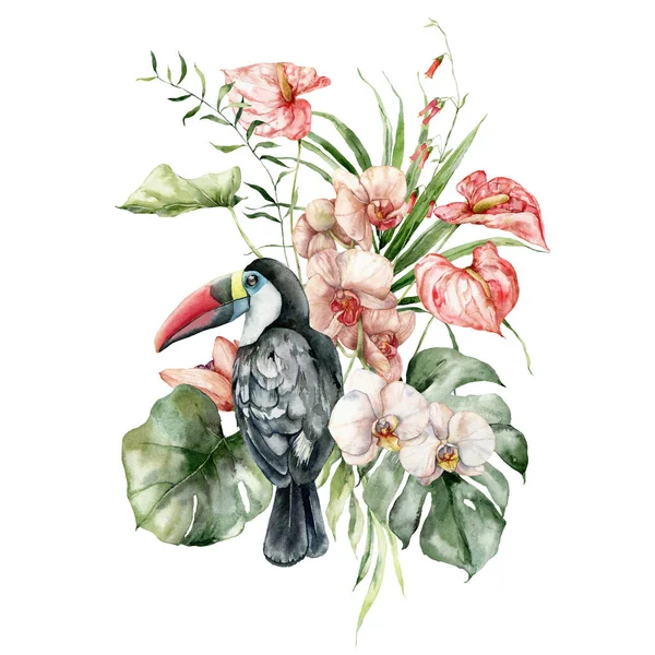水彩缤纷的热带花和茶壶 手绘鸟卡 兰花和海葵牌 在白色背景上孤立的用于设计 印刷或背景的花卉图解 — 图库照片