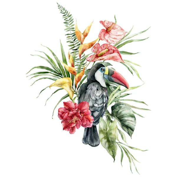Watercolor tropical bouquet of flowers and toucan. Hand drawn card of bird, hibiscus, orchid, monstera and etlingera. Floral illustration isolated on white background for design, print or background