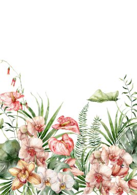 Watercolor tropical flowers border of orchid, anthurium, monstera and plants. Hand painted floral frame isolated on white background. Holiday Illustration for design, print, fabric or background