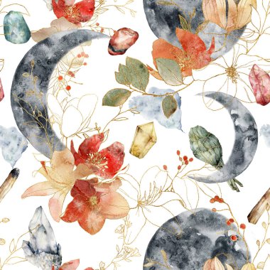 Watercolor seamless pattern of flowers and moon composition. Hand painted abstract composition isolated on white background. Minimalistic linear illustrations for design, print, fabric or background