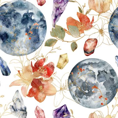 Watercolor seamless pattern of flowers, moon and gemstones composition. Hand painted abstract composition isolated on white background. Linear illustrations for design, print, fabric or background